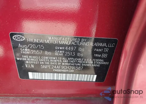 2016 Hyundai Sonata Se из США, поврежденный, VIN 5NPE24AF9GH291587